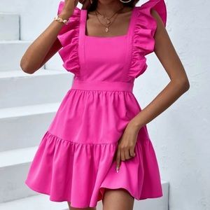 Pink square neck ruffle dress